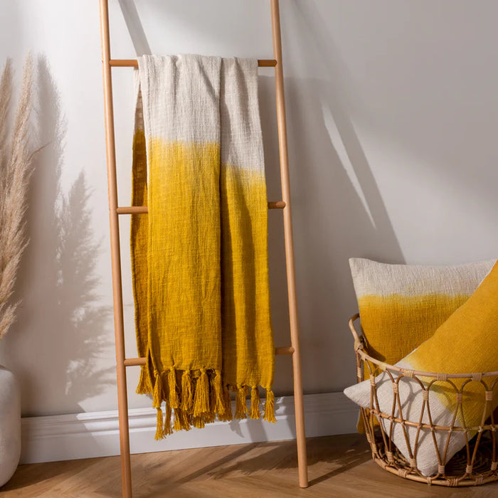 Mizu Dip Dye Fringed Throw, Plain, Yellow, Ochre