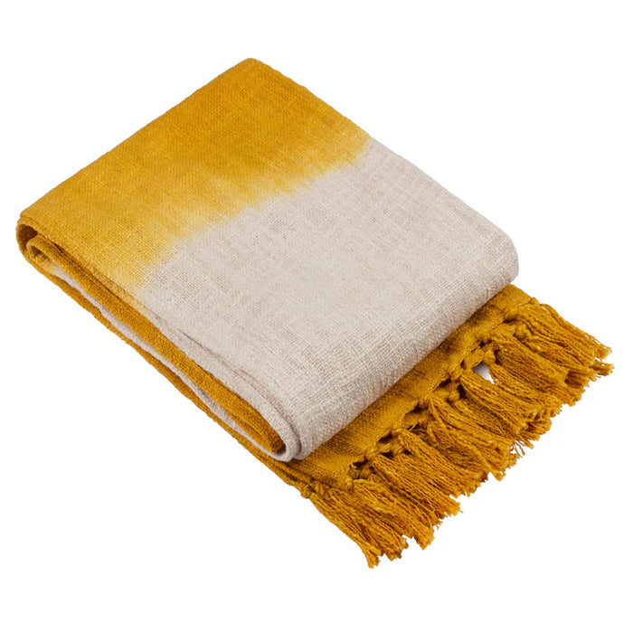 Mizu Dip Dye Fringed Throw, Plain, Yellow, Ochre