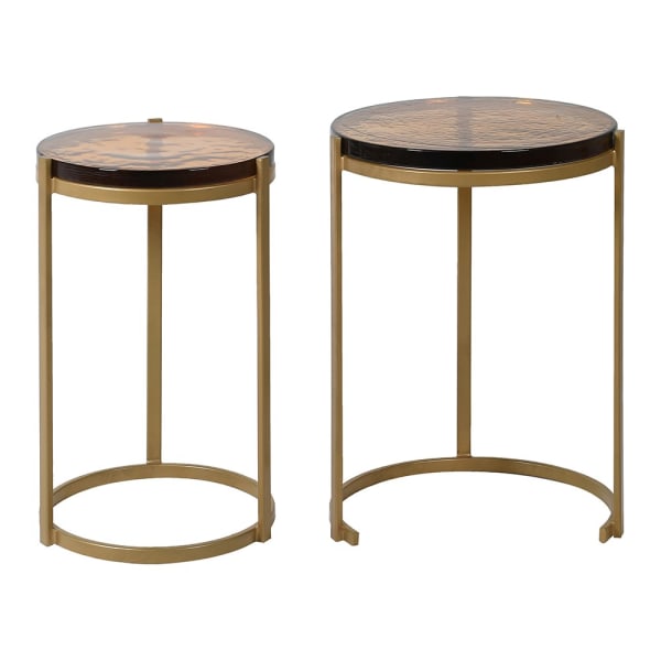 Amber Glass Nesting Side Tables – Gold Iron Frame with Glass Top - Set of 2