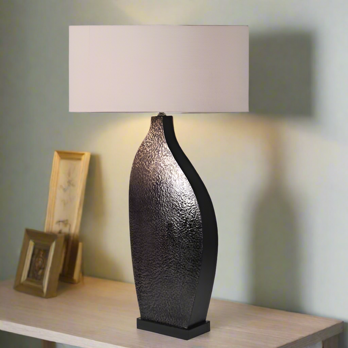 Curved Bronze Effect Metal Table Lamp with Linen Shade