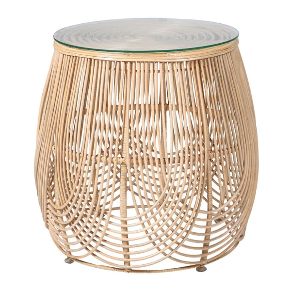 Natural Rattan Side Table with Glass Top ( Due Back In 26/12/2024 )