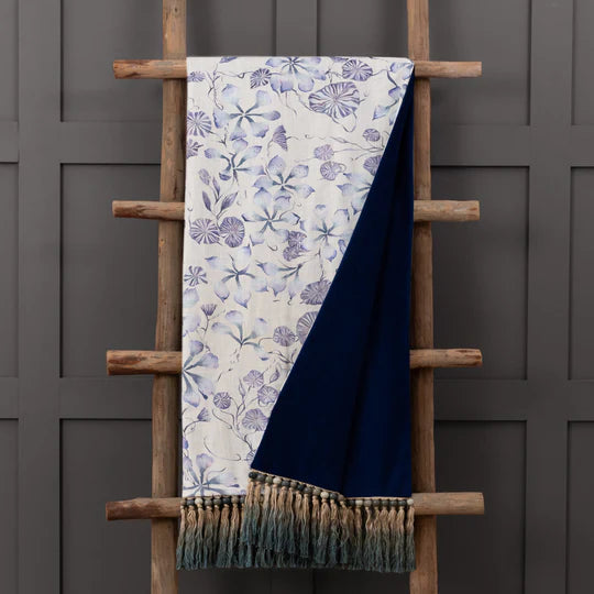 Philipa Printed Fringe Throw, Botanical, Delft Blue ( Due Back In 29/11/2024 )