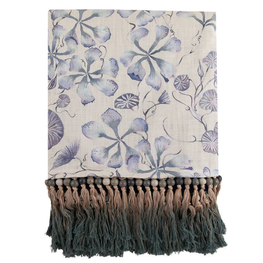 Philipa Printed Fringe Throw, Botanical, Delft Blue ( Due Back In 29/11/2024 )