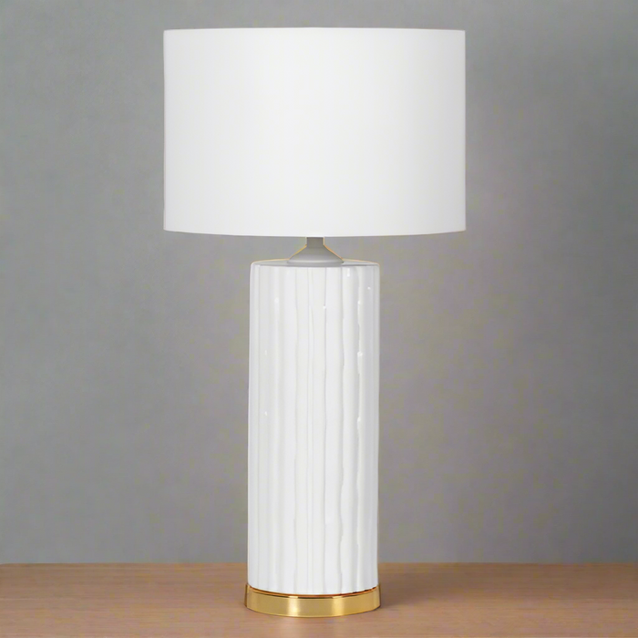 White & Gold Ceramic Column Table Lamp with White Shade