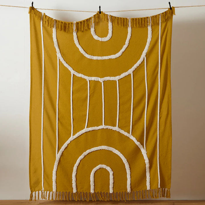 Rainbow Tuft Tasselled Throw, Stripe, Yellow, Ochre