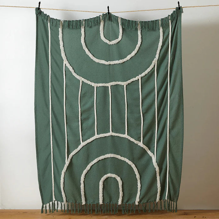 Rainbow Tuft Tasselled Throw, Check, Sage Green