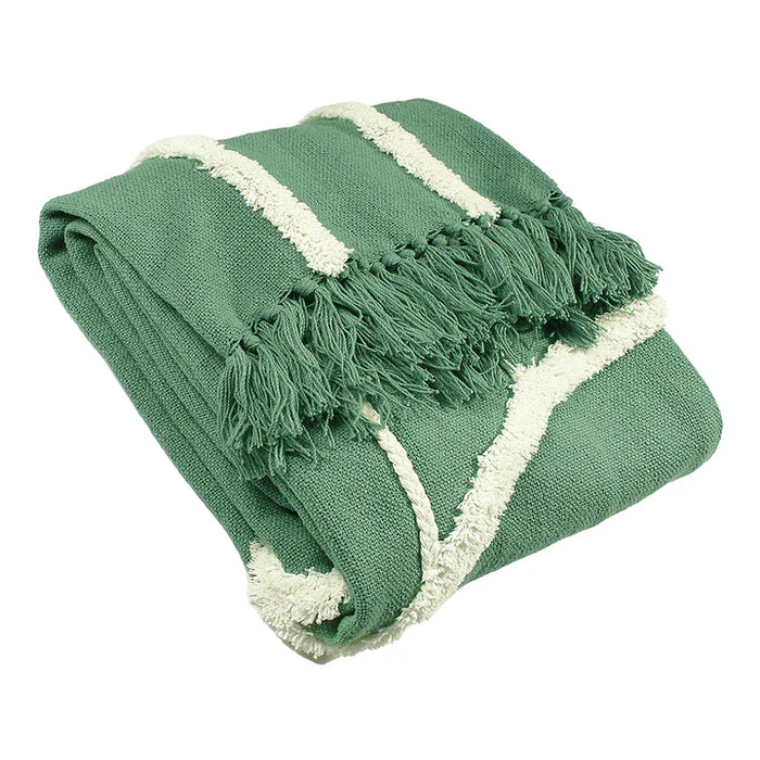 Rainbow Tuft Tasselled Throw, Check, Sage Green