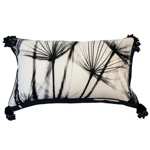 Malini Portofino Monochrome Velvet Cushion with Dandelion Print and Tassels - 35x65cm