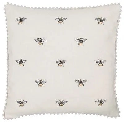 Malini Beeze Yellow Cushion with Embroidered Bees and Pom Pom Edge - 45x45cm