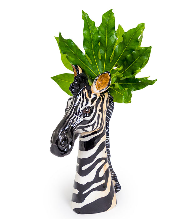 Zebra Head Flower Vase, Ceramic, Hand Painted, Black, White 