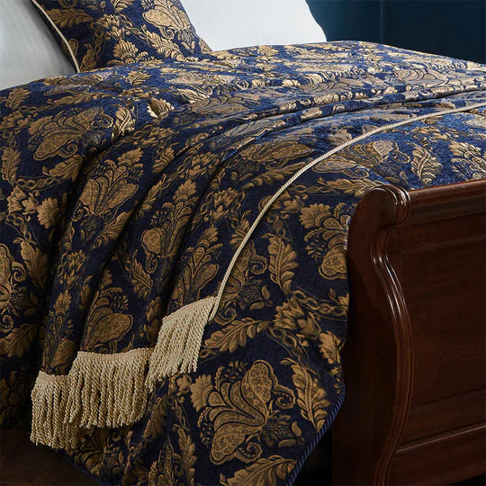 Shiraz Traditional Jacquard Throw, Floral, Navy Blue