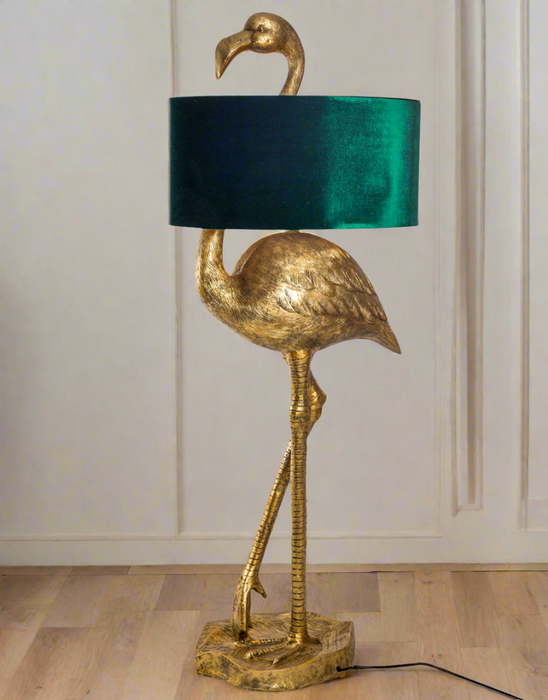 Antique Gold Flamingo Floor Lamp With With Green Velvet Shade