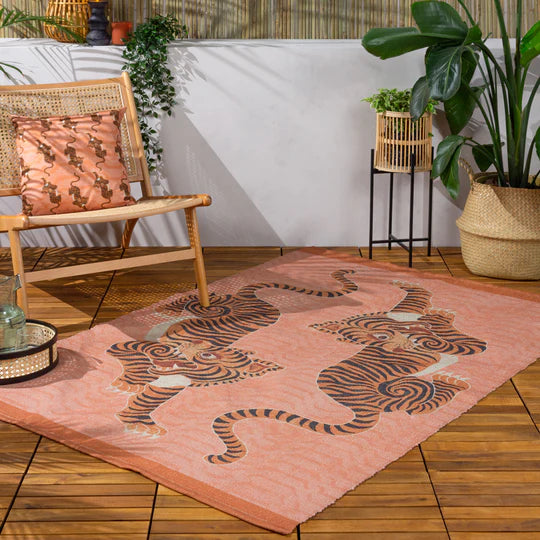 Tibetan Tiger Indoor/Outdoor Rug, Animal Design, Coral