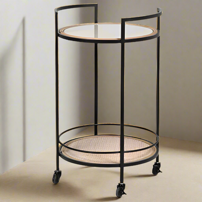 Round Drinks Trolley, Metal Frame, Rattan Shelf, Glass Top, Lockable Wheels