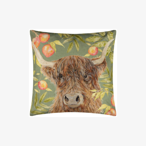 Waterproof Outdoor Cushion, Grove Highland Cow Design, Olive