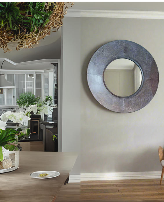 Morton Round Wall Mirror, Metal Frame, Textured Grey