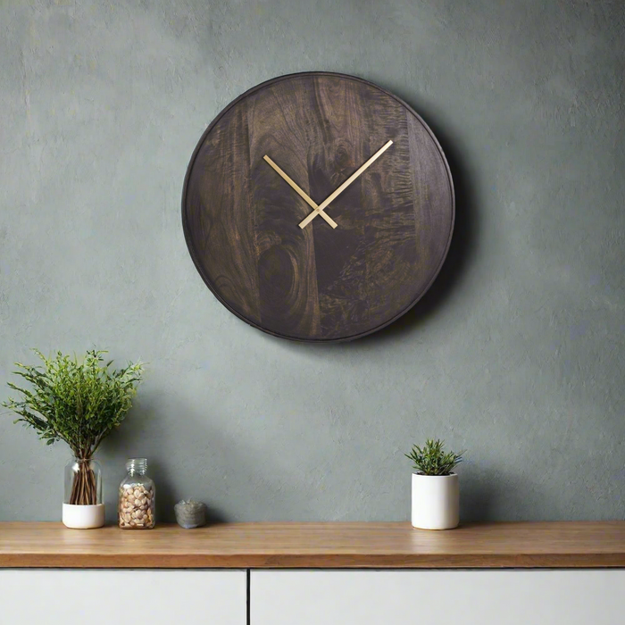 Tulston Round Wall Clock, Dark Mango Wood, Gold Hands, Large