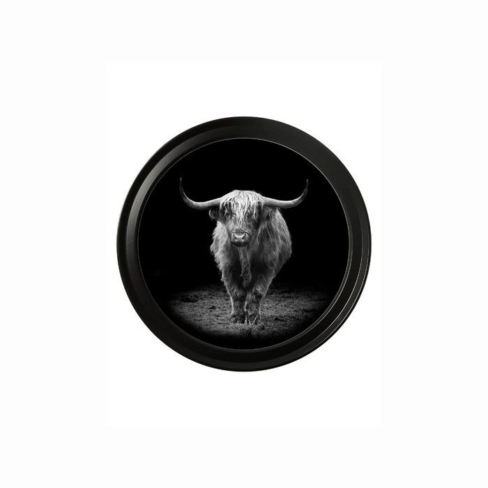 Round Framed Black & White Wildlife Wall Art - Highland Cow - 44cm