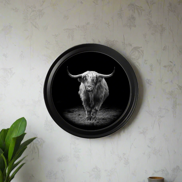 Round Framed Black & White Wildlife Wall Art - Highland Cow - 44cm