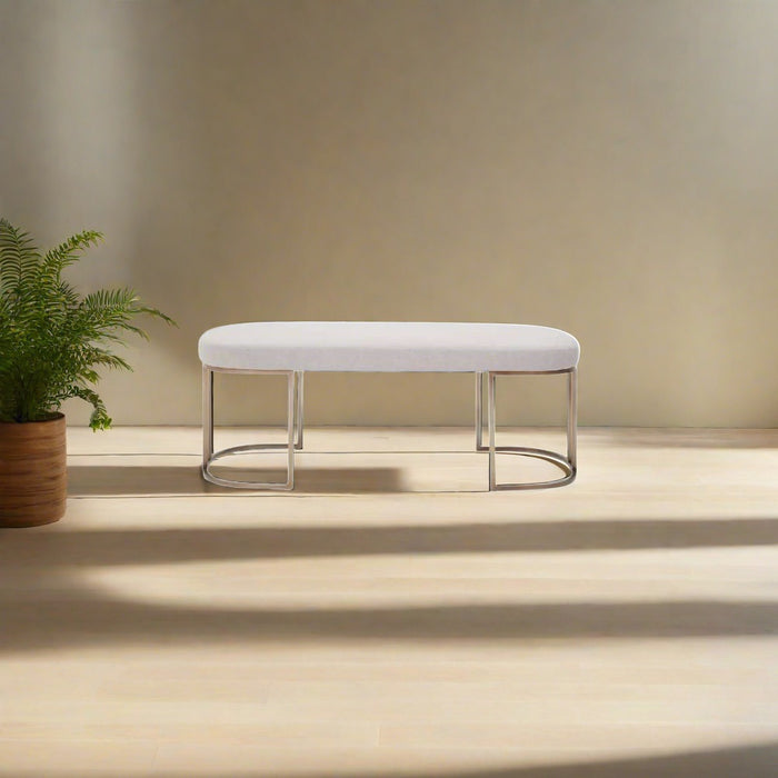 St James Indoor Bench, Light Grey Fabic, Curved Brass Frame