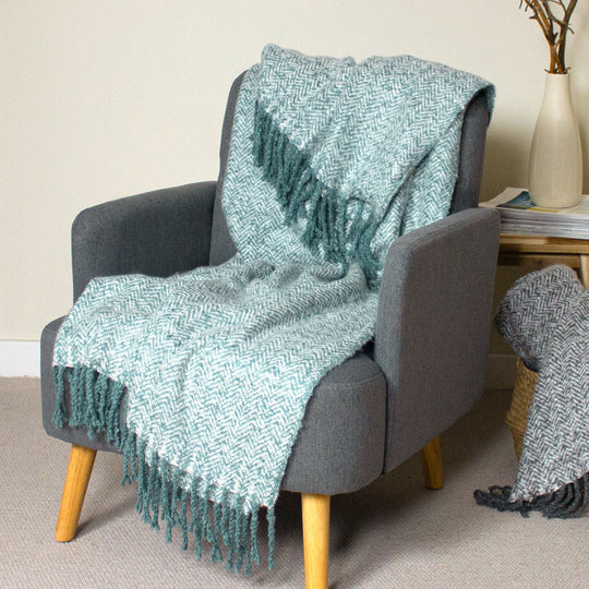 Weaver Herringbone Throw, Stripe, Teal (Due Back In 14/04/24)