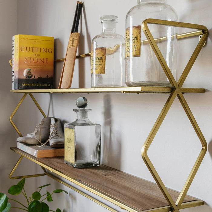 Markham Cross Shelf, Double, Iron, Brass Finish