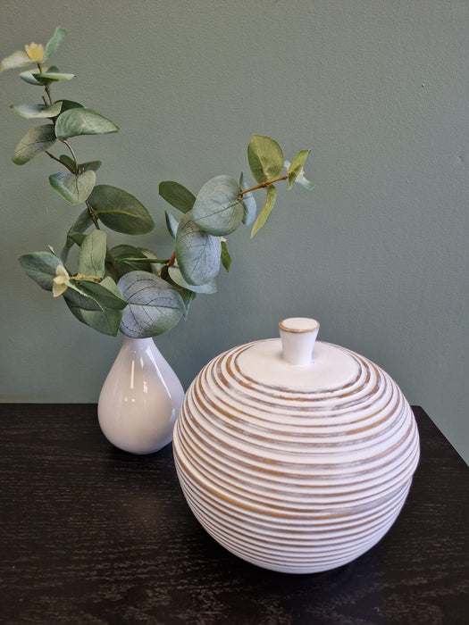 White Washed Ribbed Lidded Ceramic Jar