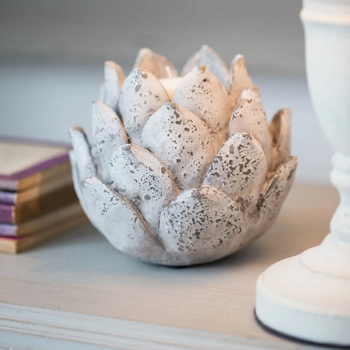 Dallas Candle Holder, White Polyresin, Artichoke 