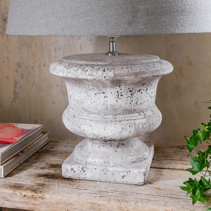 Dallas Table Lamp, Stone Squat Urn, Grey Shade