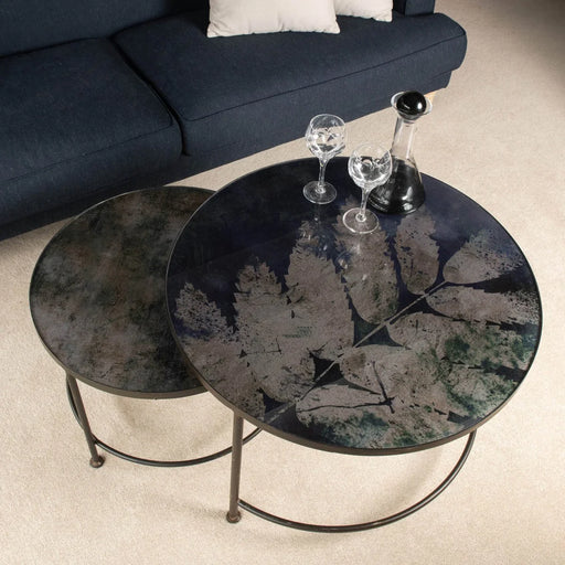 Elegant Glass & Iron Nesting Tables – Leaf Design Top & Compact Modern Style  