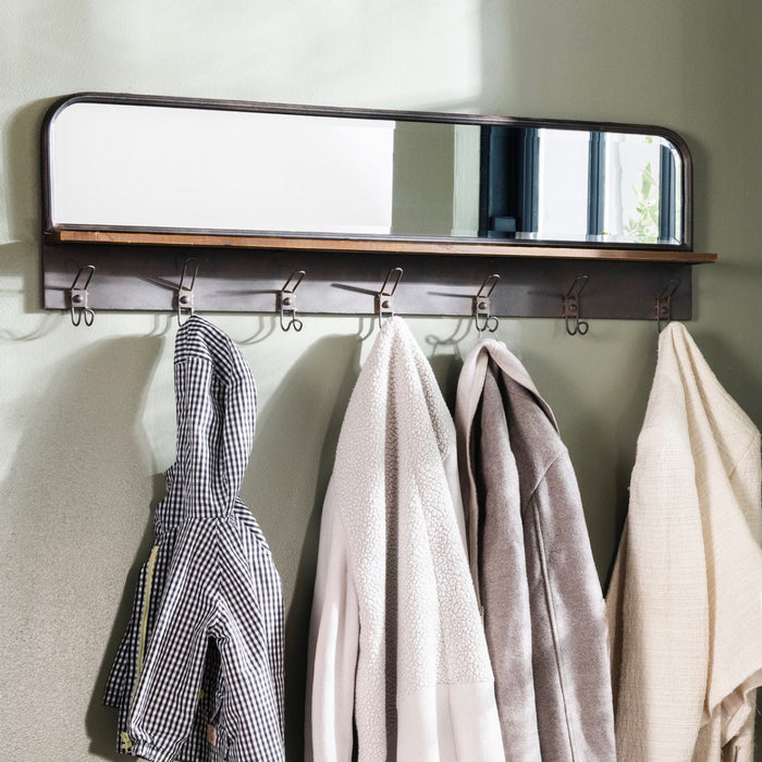 Albion Coat Hooks Shelf & Mirror, Aged Copper, Metal & Wood