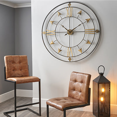 Large Round Antique Grey & Gold Metal Wall Clock     