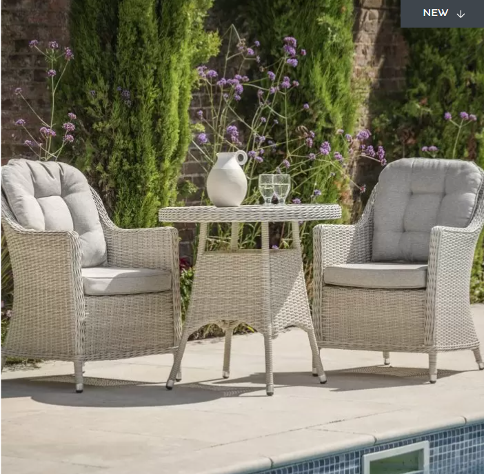 Shelby Garden Furniture Bistro Set, Stone, Rattan, Light Grey Cushions