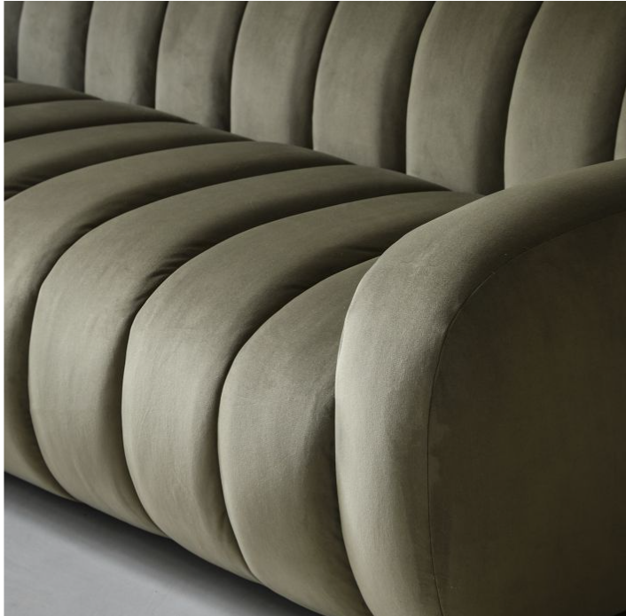 Contemporary Curved Olive Green Channel Tufted 3 Seater Sofa