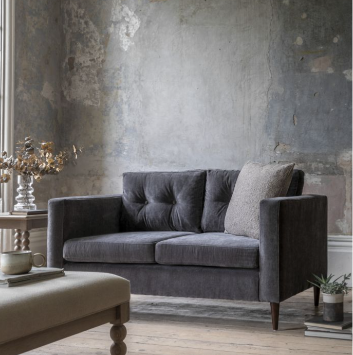 Devon 2 Seater Charcoal Grey Fabric Sofa, Wooden Feet