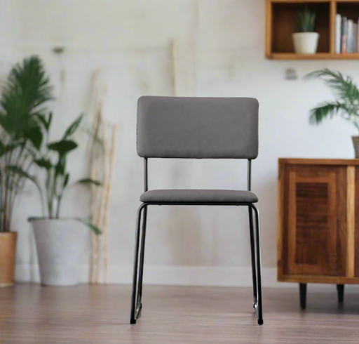 Set of Two Modern Dining Chairs with Sleek Black Iron Frames and Grey Leather Upholstery