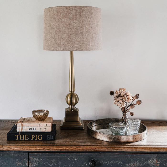 Antique Gold Glass Table Lamp – Cream Linen Shade & Decorative Stem - Decor interiors