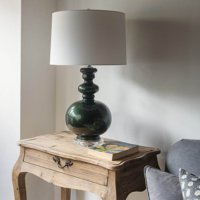 Derby Table Lamps - Black Dark Glass, White Linen Shade