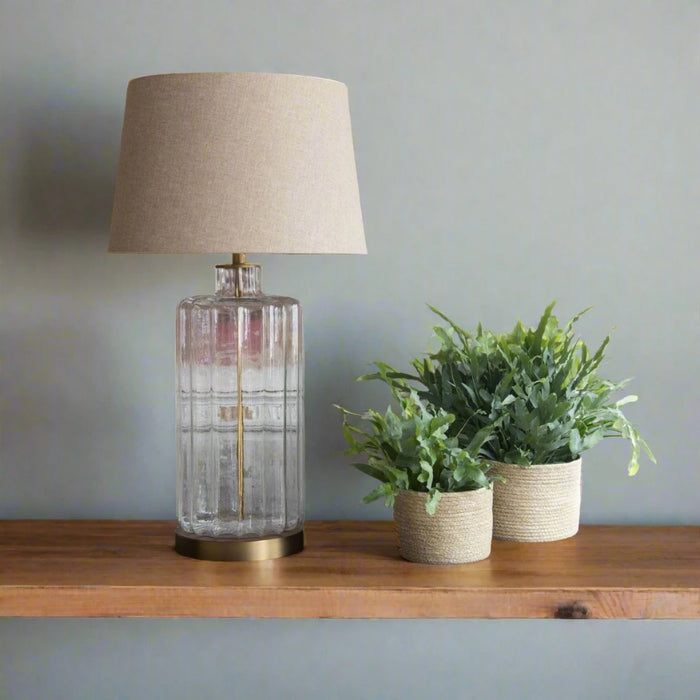 Derby Table Lamps in Cream Linen and Ribbed Glass