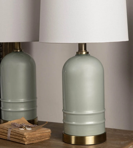 Derby Table Lamps, Set Of 2, with Off White Linen Shades and Glass Bases