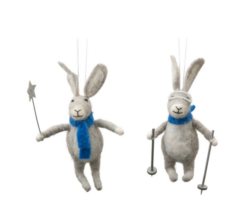 Skiing Grey Hares  Decorations Set Of 2