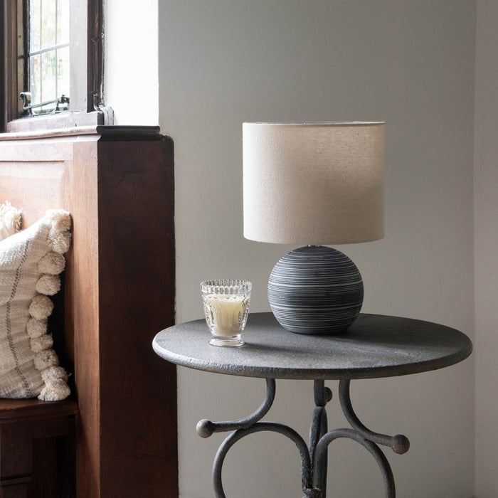 Oslo Table Lamp with Striped Ceramic Base and Grey Linen Shade