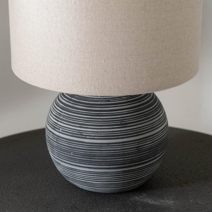 Oslo Table Lamp with Striped Ceramic Base and Grey Linen Shade