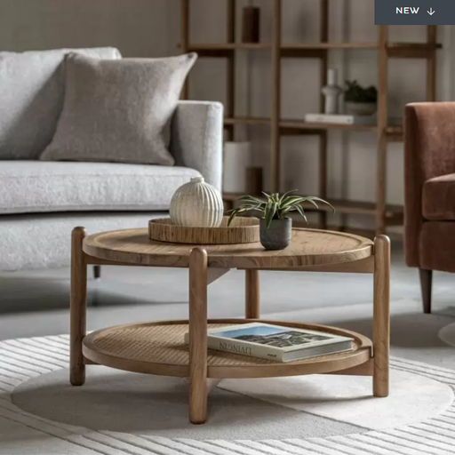 Modern Acacia Wood Coffee Table – Round Design with Rattan Shelf & Natural Finish  