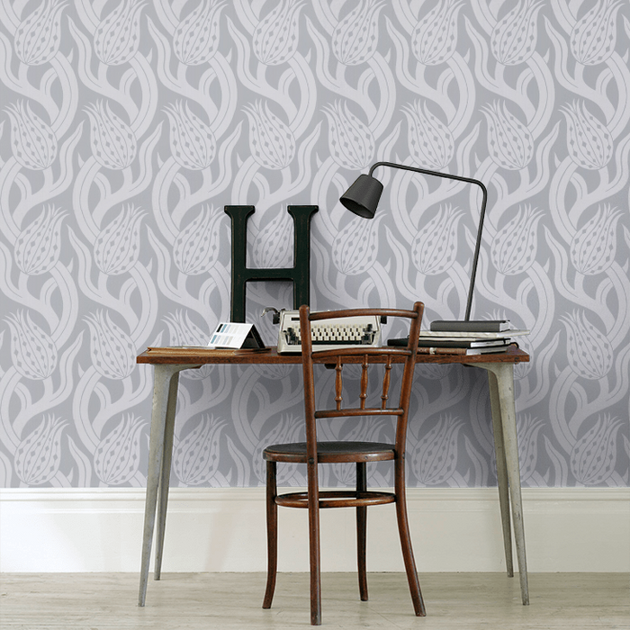 Zoffany Wallpaper - Kensington Walk- Persian Tulip - Quartz Grey