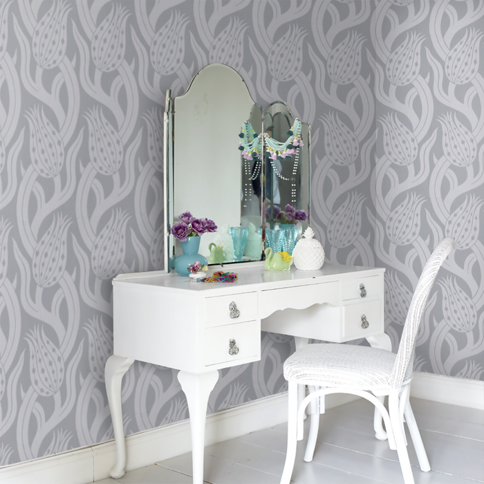 Zoffany Wallpaper - Kensington Walk- Persian Tulip - Quartz Grey