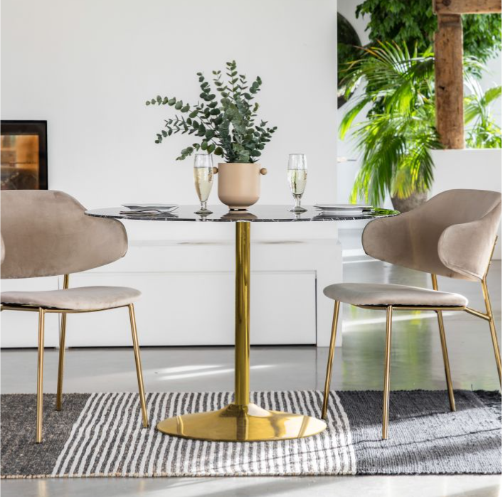 Fulton Round Dining Table, Black Marble Effect Top & Gold Base