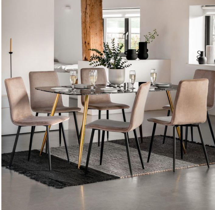 Ewarts Dining Table, Black Marble Effect, Gold Metal Legs