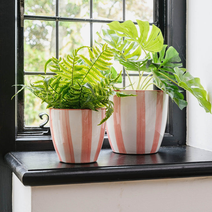 Bari Tapered Pot, Brick Stripe, White, Orange Ceramic 