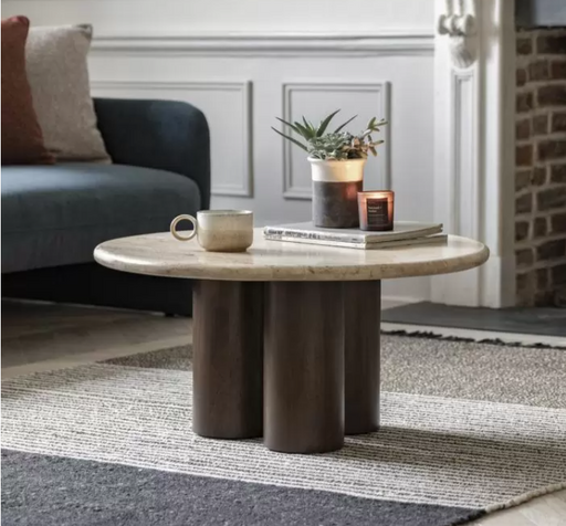 Modern Round Coffee Table – Travertine Top & Dark Mango Wood Cylinder Legs - Decor Interiors